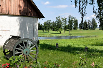 Pferdefuhrwerk vor Haus am See in Estland