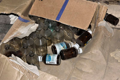 Leere Glasfläschchen und Medizin liegt in einem kaputten Karton am Boden des Gefängnis Patarei