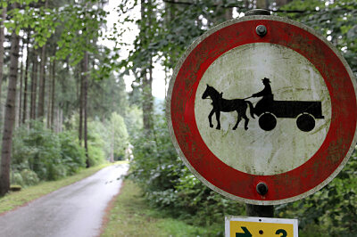 Schild im Wald mit Verbot für Pferdekutschen