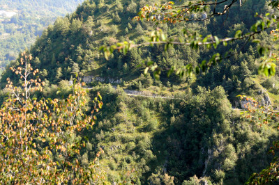 Bewaldeter Bergrücken mit schmaler Straße am Passo del Cavallino della Fobbia