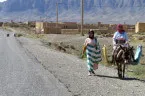 Im Hohen Atlas. Frauen laufen mit Esel am rechten Fahrbahnrand im Hohen Atlas