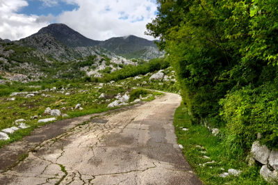Schlechte Straße mit grünem Randbewuchs auf Berge zu führend