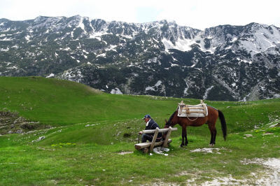 Ein Hirte mit Pferd auf einer Wiese im Durmitorgebirge