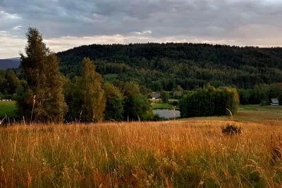 Blick über Landschaft mit Wiese und Berg
