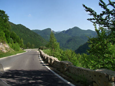 Landstraße durch bewaldete Hügel ist der Fundata-Pass
