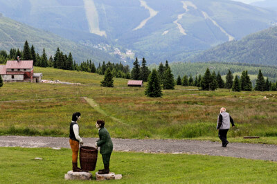 Blick über die Landschaft mit Wiesen und zwei Holzfiguren an der Moravska Bouda
