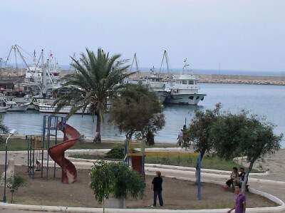 Schiffe stehen hinter Palmen im Hafen von Tasucu