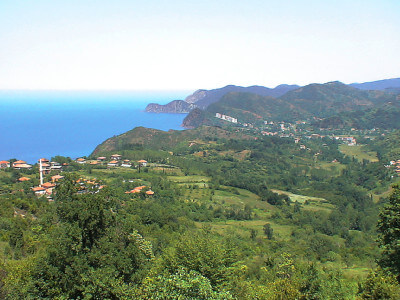 Panoramablick auf die bewaldete hügelige Schwarzmeerküste